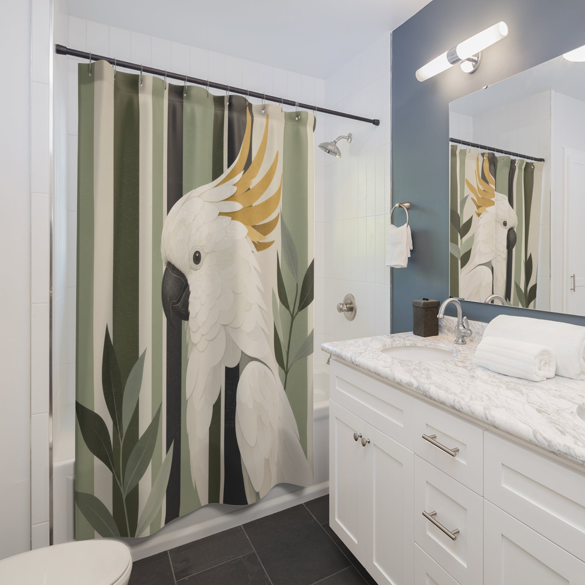 White gold cockatoo against sage olive and cream stripes shower curtain installed beside a white vanity