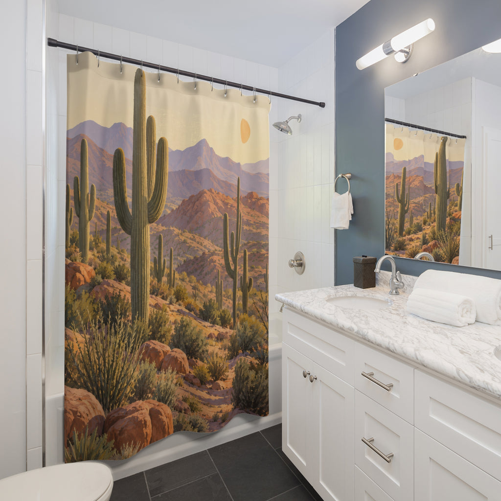 Saguaro cactus with sunrise mesas and flowering desert plants shower curtain beside a white vanity
