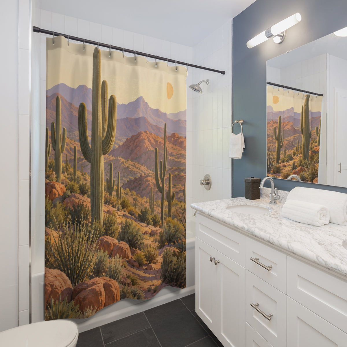 Saguaro cactus with sunrise mesas and flowering desert plants shower curtain beside a white vanity