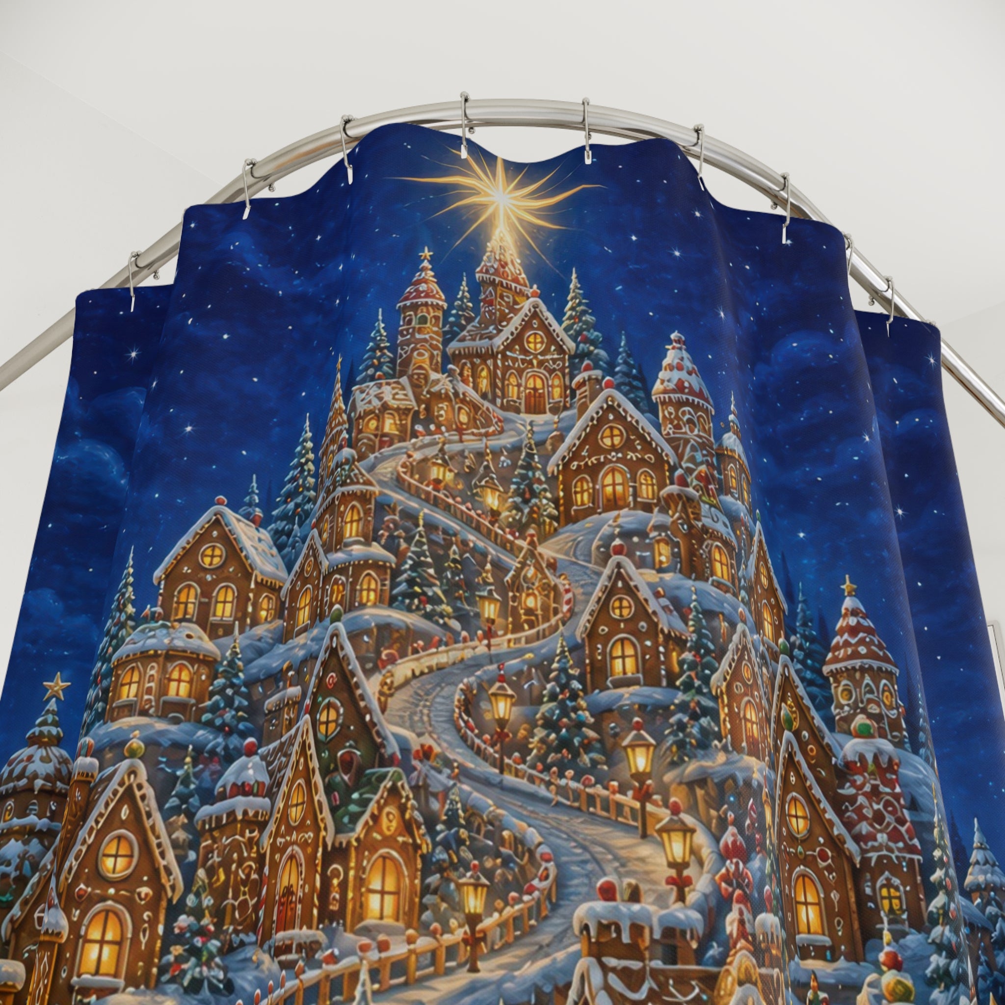 Glowing Gingerbread Village Shower Curtain