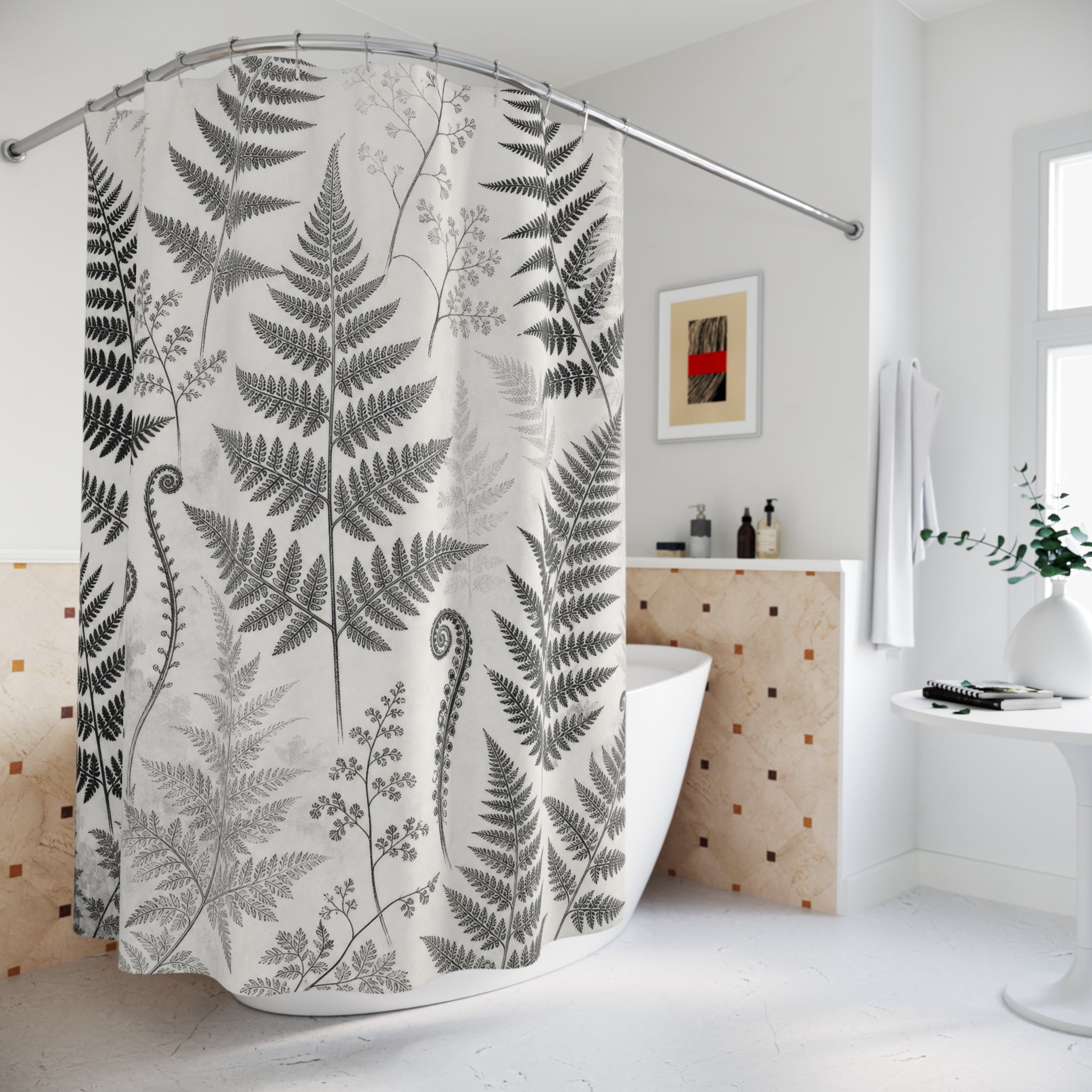 Black White Botanical Leaf Shower Curtain