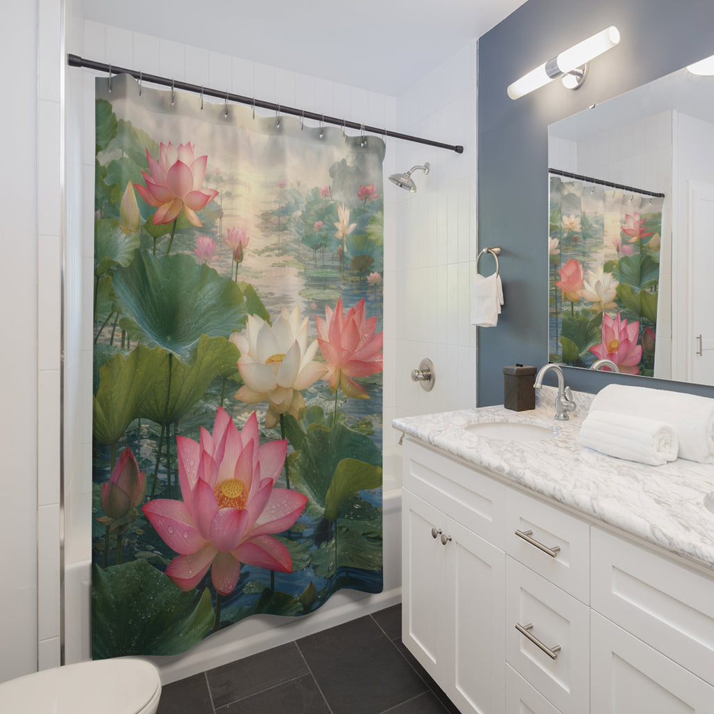 Lotus Flower Shower Curtain: Pink Water Lily Pond