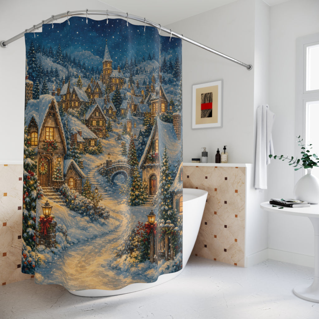 Snowy Blue Storybook Village Shower Curtain