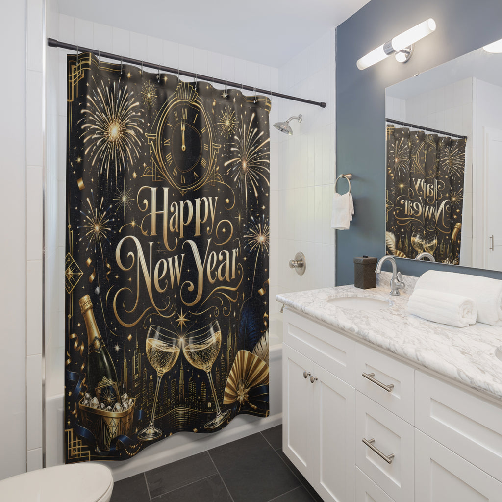 New Year Shower Curtain: Black Gold Deco