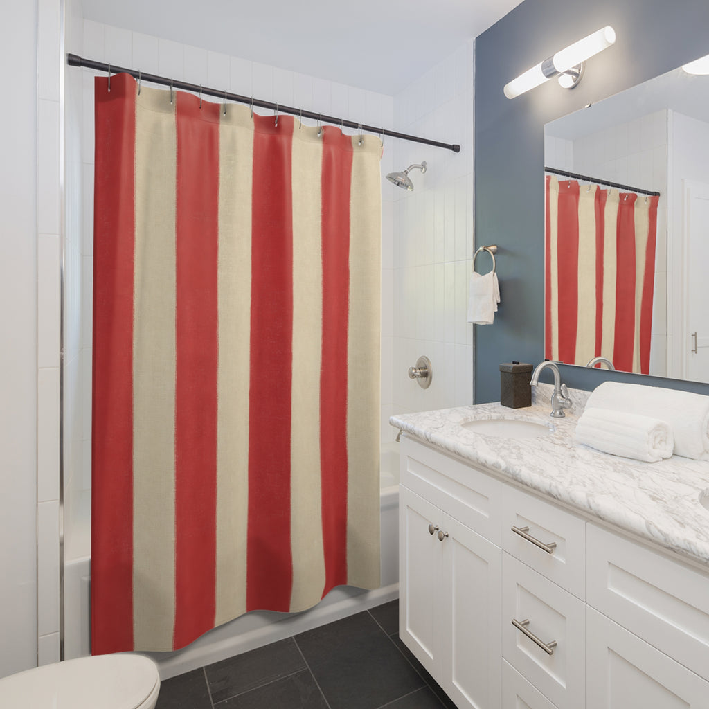 Red And White Striped Shower Curtain, Cabana Bath Decor, Cream Red Vertical Stripe Pattern, Classic Guest Bathroom Decor, Cabana Style