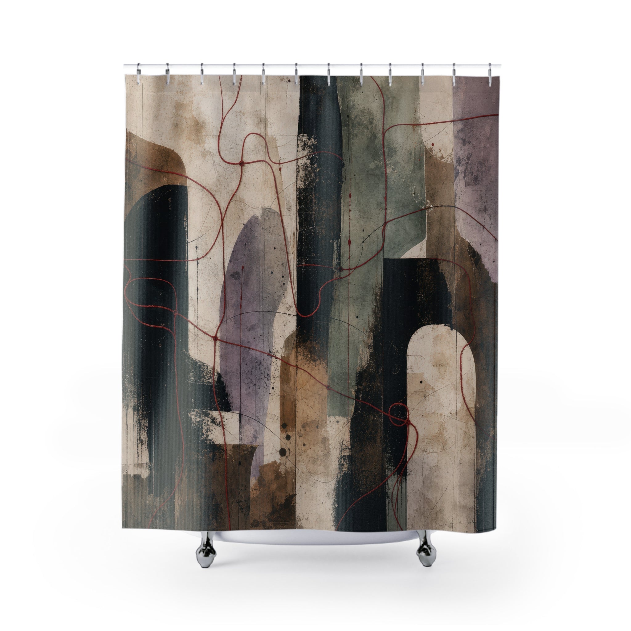 Abstract Shower Curtain, Black Blush Lavender Line Art, Cream Modern Bathroom Decor, Soft Geometric Arches, Minimal Bath Art, Guest Bath