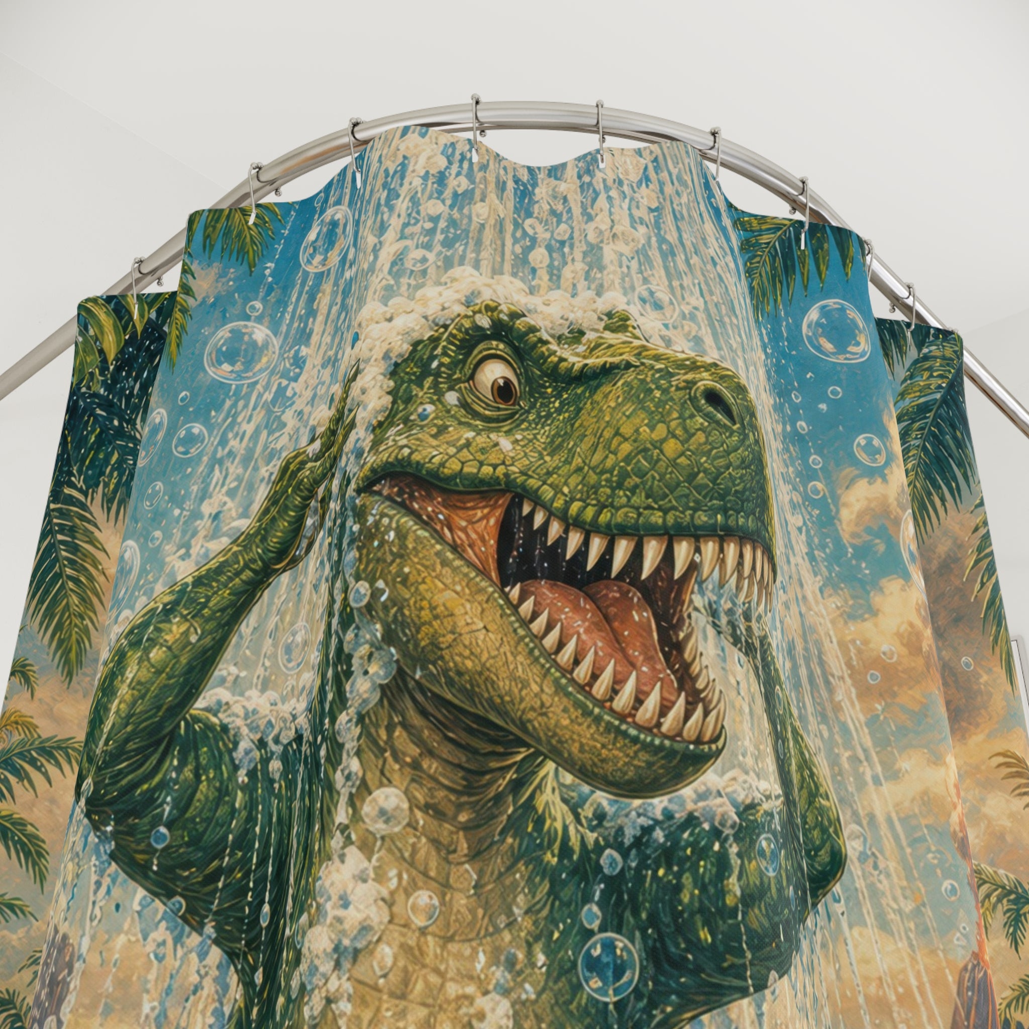 Unique Funny Dinosaur Shower Curtain, T Rex Jungle Bath Art, Tropical Volcano Bathroom Humor, Kids Guest Bath Wall Decor Gift For Home