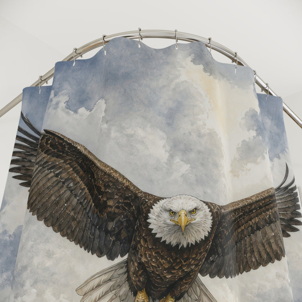 Bald eagle approaching over an alpine valley shower curtain with close-up print, hooks, and folds