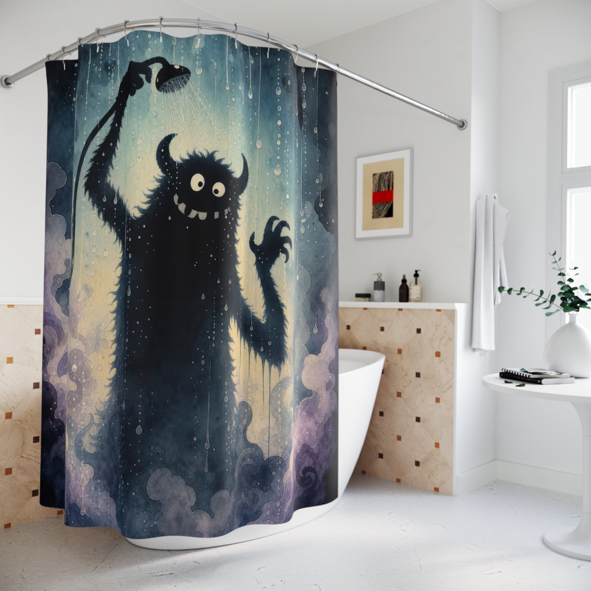 Unique Funny Shower Curtain, Shadow Monster Rain Art, Spooky Blue Bathroom Humor, Weird Creature Guest Bath Wall Decor Gift For Home