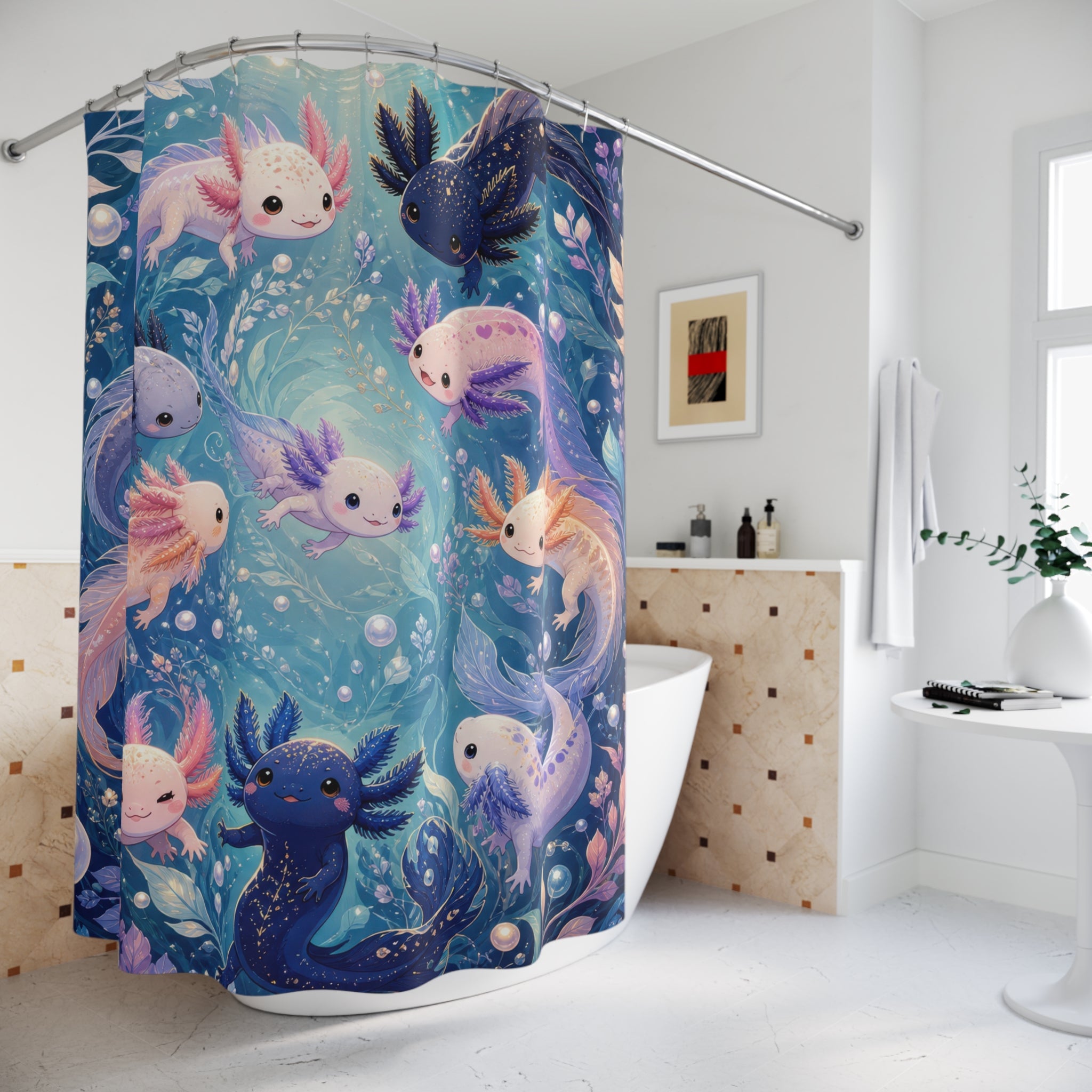 Pastel axolotls swimming in a sparkling aqua and lilac spiral shower curtain styled beside a freestanding tub