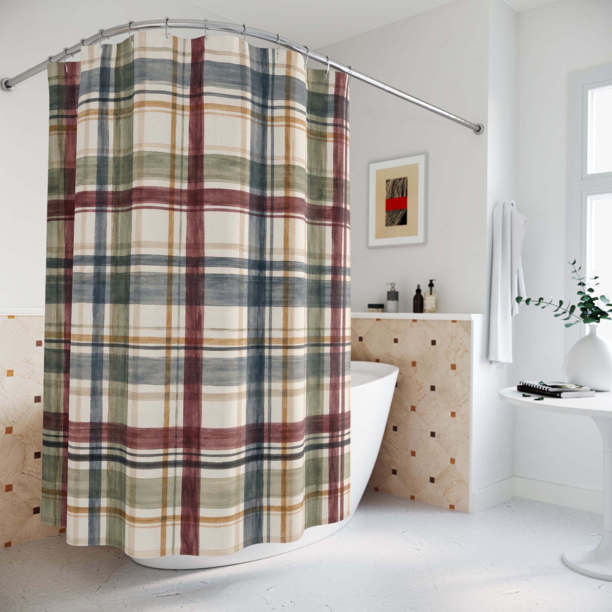Plaid Shower Curtain, Red Navy Green Tartan Check Pattern, Classic Farmhouse Bathroom Decor, Cozy Cabin Wall Decor Guest Bath Wall Gift