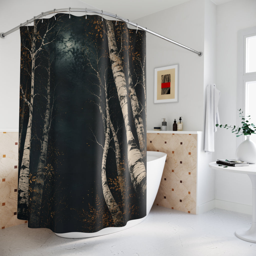 White birch nocturne with dark teal and amber shower curtain beside a freestanding tub