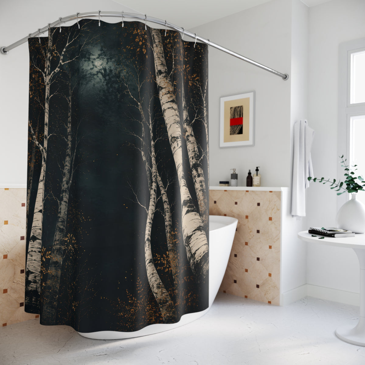 White birch nocturne with dark teal and amber shower curtain beside a freestanding tub