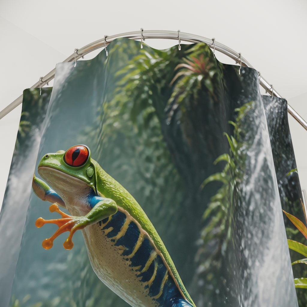 Green tree frog leaping across a jungle waterfall shower curtain with close-up print, hooks, and folds