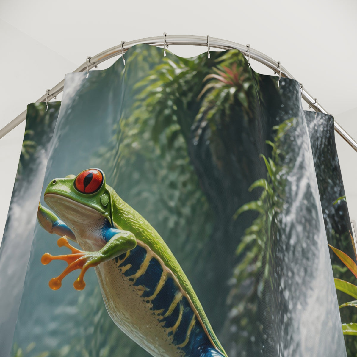 Green tree frog leaping across a jungle waterfall shower curtain with close-up print, hooks, and folds