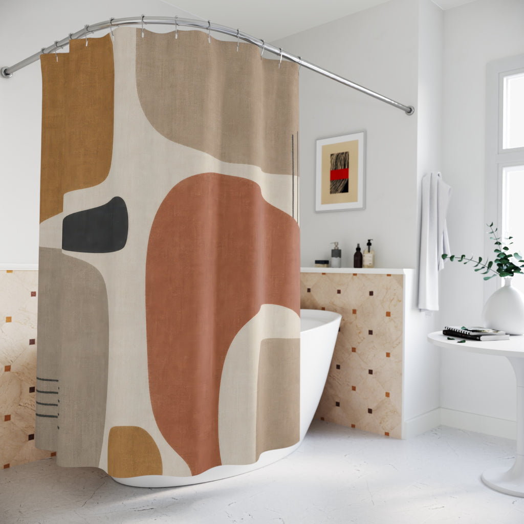 Abstract Shower Curtain, Ochre Clay Beige Shape Pattern, Warm Boho Bathroom Decor, Modern Earth Tone Guest Bath Abstract Art Style