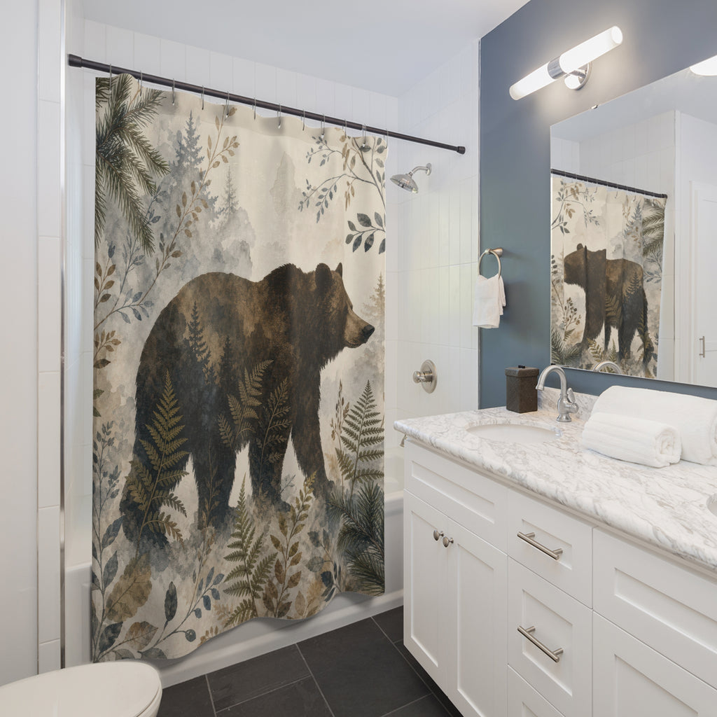 Bear Shower Curtain, Rustic Woodland Wildlife Scene, Brown Green Nature Bathroom Decor, Cabin Guest Bath Forest Lodge Style