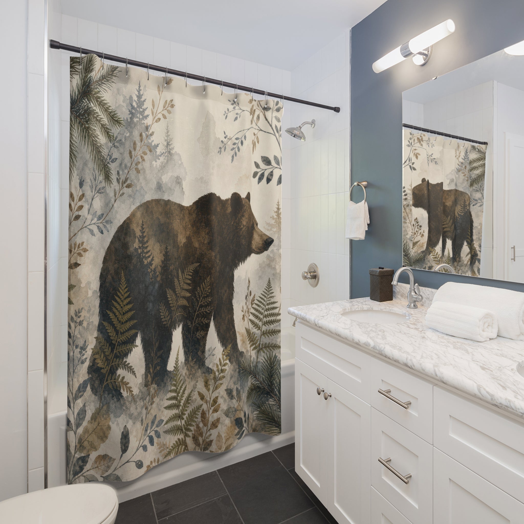 Bear Shower Curtain, Rustic Woodland Wildlife Scene, Brown Green Nature Bathroom Decor, Cabin Guest Bath Forest Lodge Style