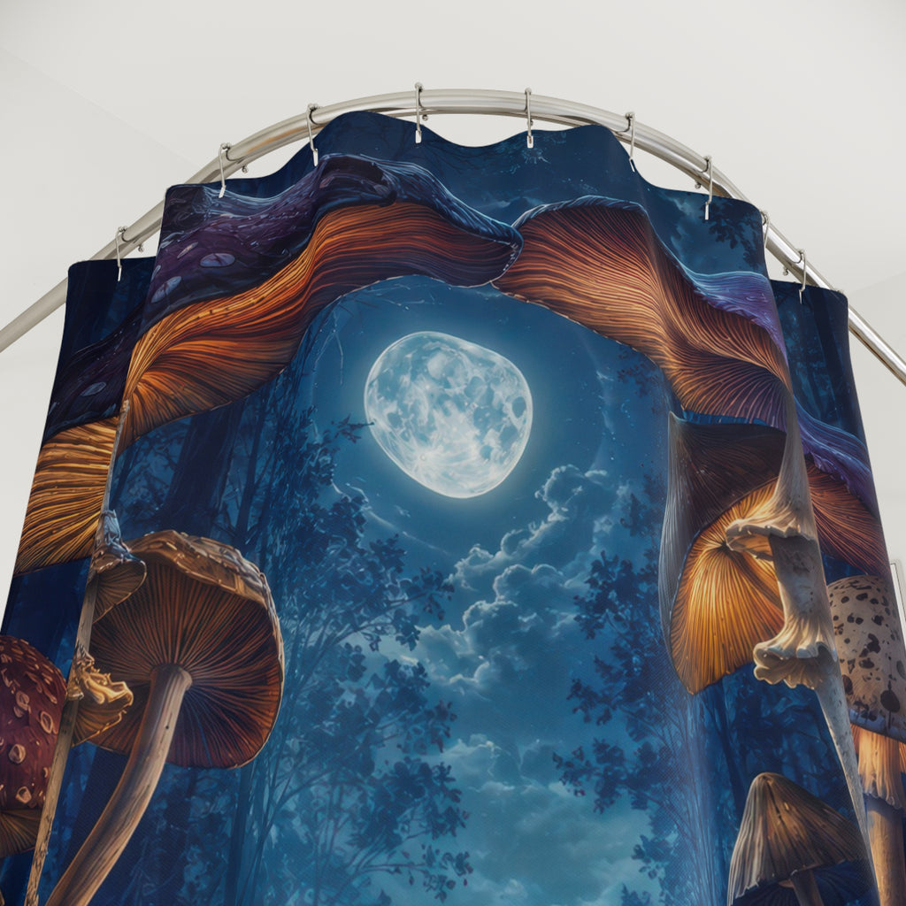 Moonlit mushroom forest with glowing amber gills shower curtain with close-up print, hooks, and folds