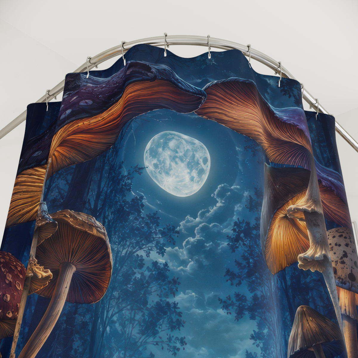 Moonlit mushroom forest with glowing amber gills shower curtain with close-up print, hooks, and folds