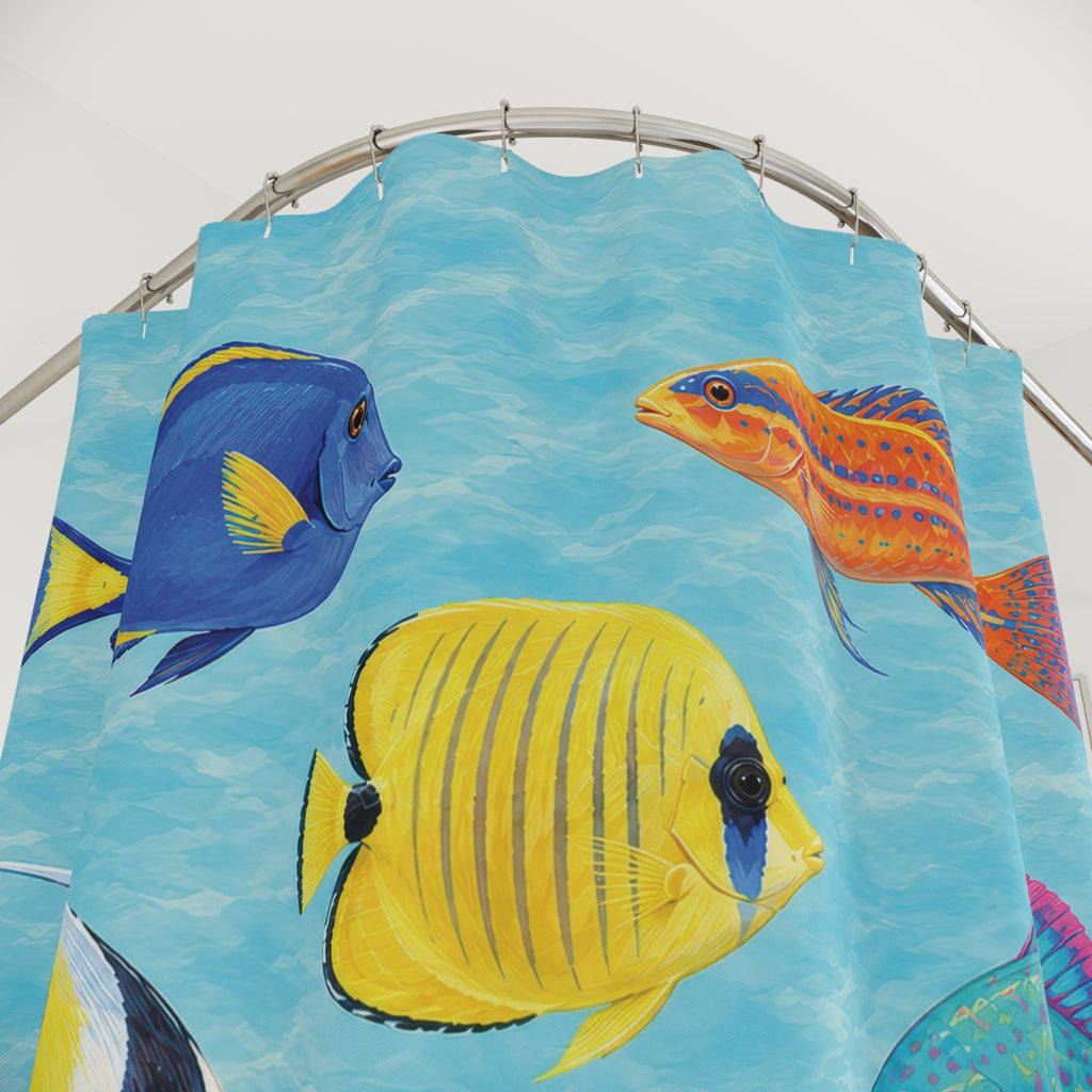 Blue, yellow, orange and turquoise reef fish in aqua water shower curtain with close-up print, hooks, and folds