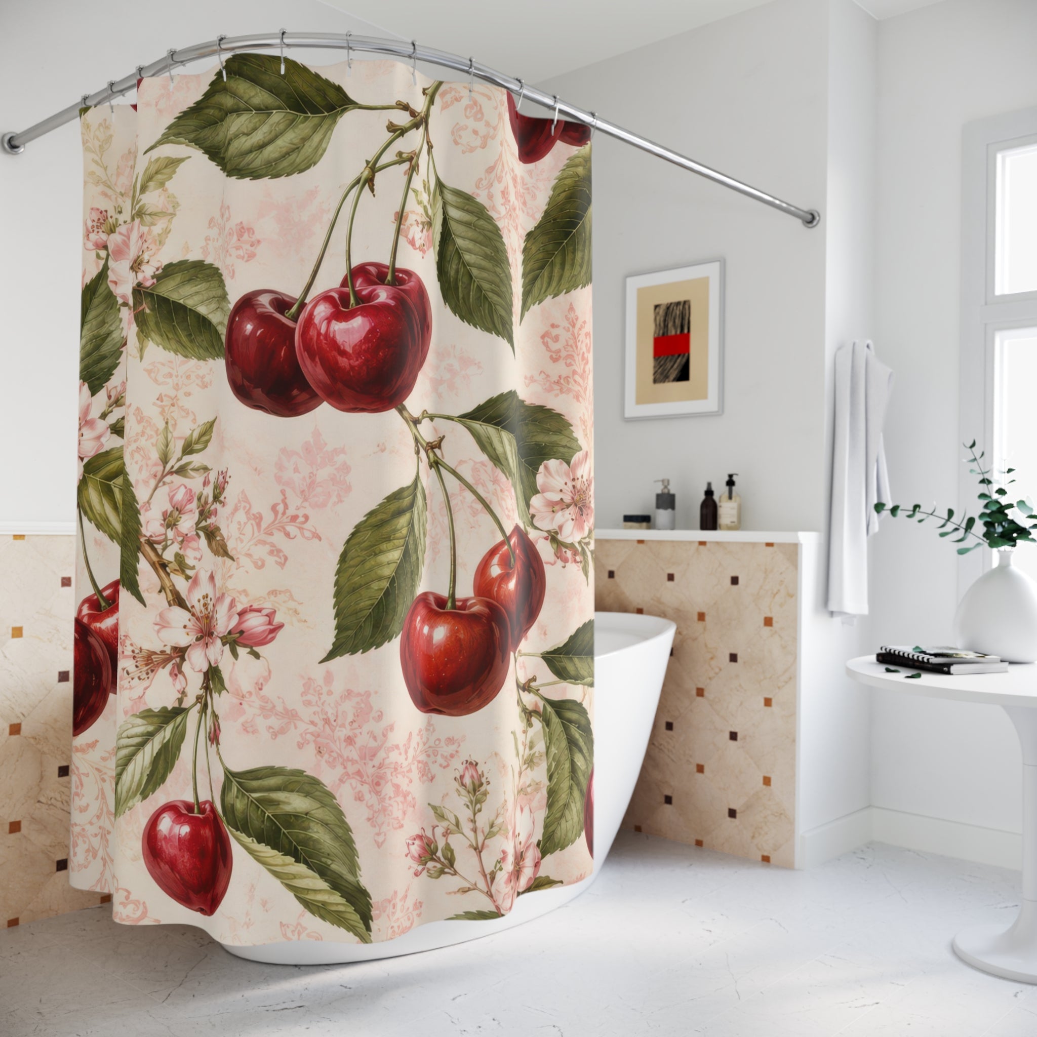 Cherry Shower Curtain: Red Botanical Floral