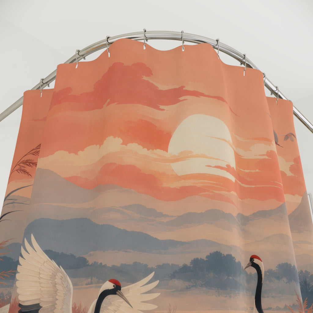Close-up of Elegant cranes crossing a coral sunrise wetland panorama shower curtain with hooks and folds