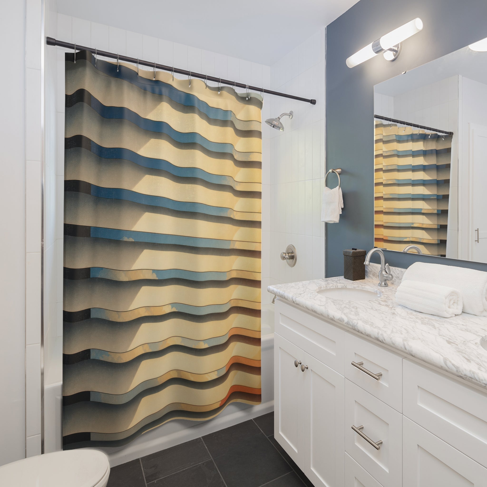 Unique Window Blinds Shower Curtain, Warm Light Slat Pattern Art, Neutral Modern Bathroom Decor, Minimalist Wall Guest Bath Gift For Home