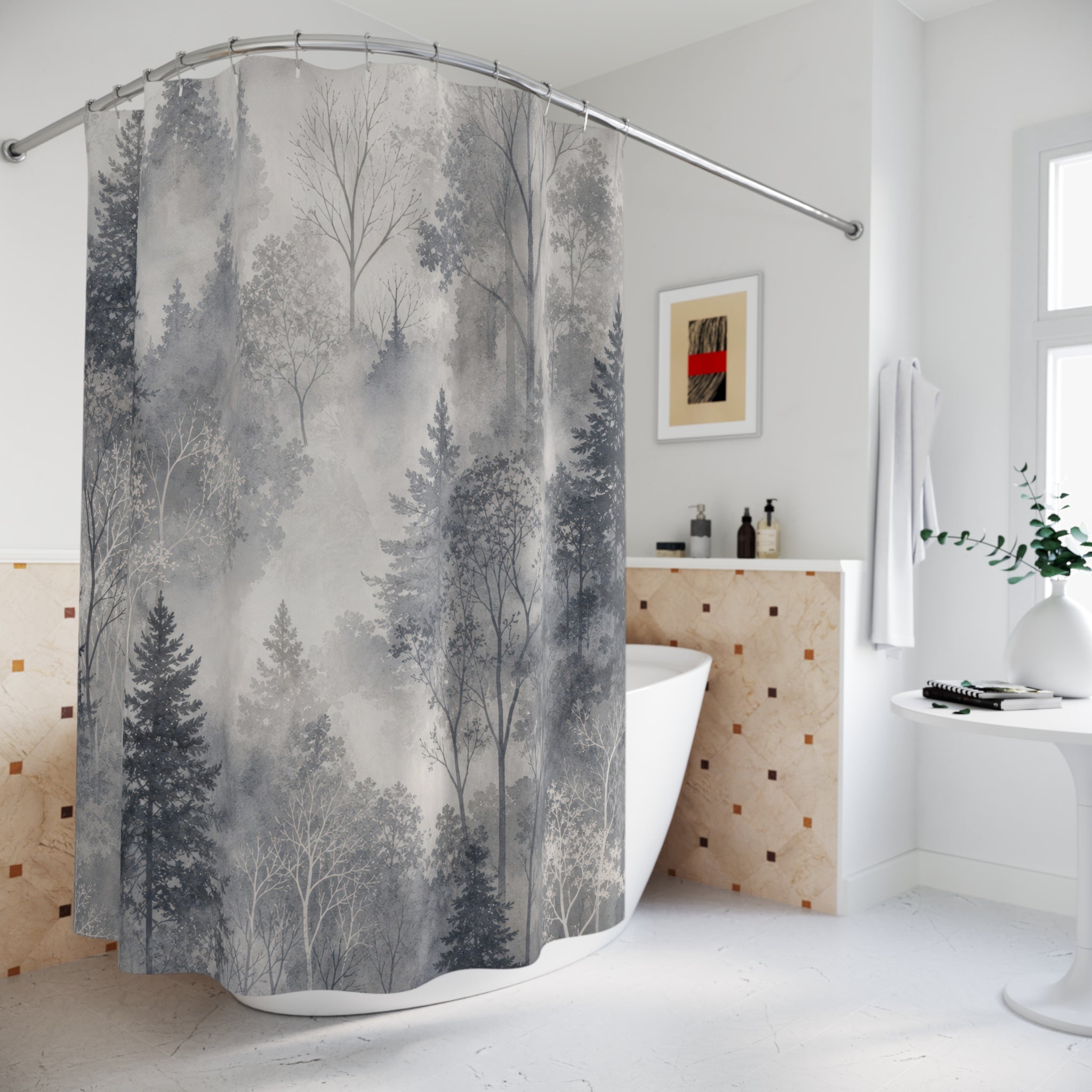 Gray Pine Tree Landscape Shower Curtain