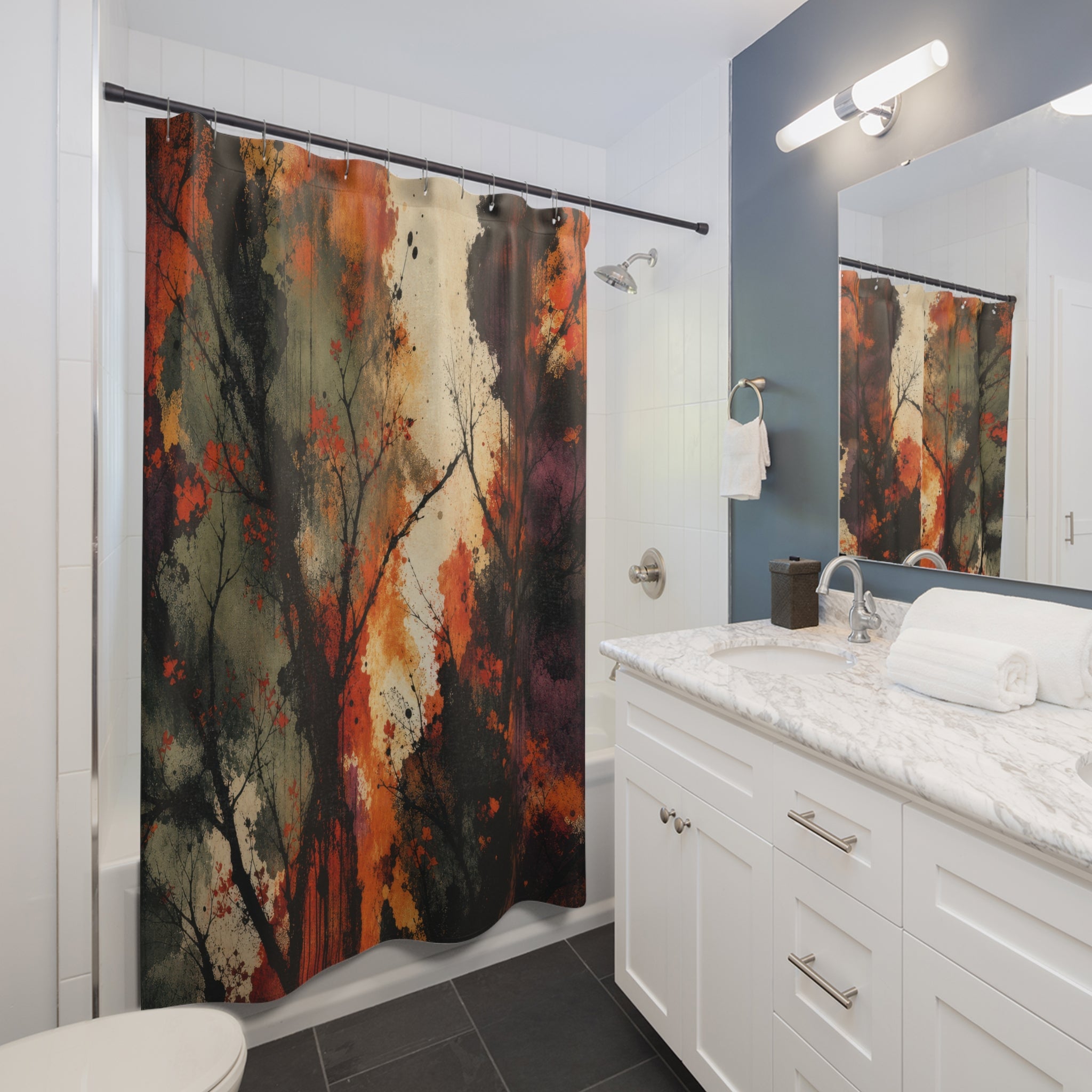 Nature Inspired Shower Curtain, Orange Black Abstract Trees, Autumn Forest Bathroom Decor, Moody Botanical Art, Dark Guest Bath, Modern Bath