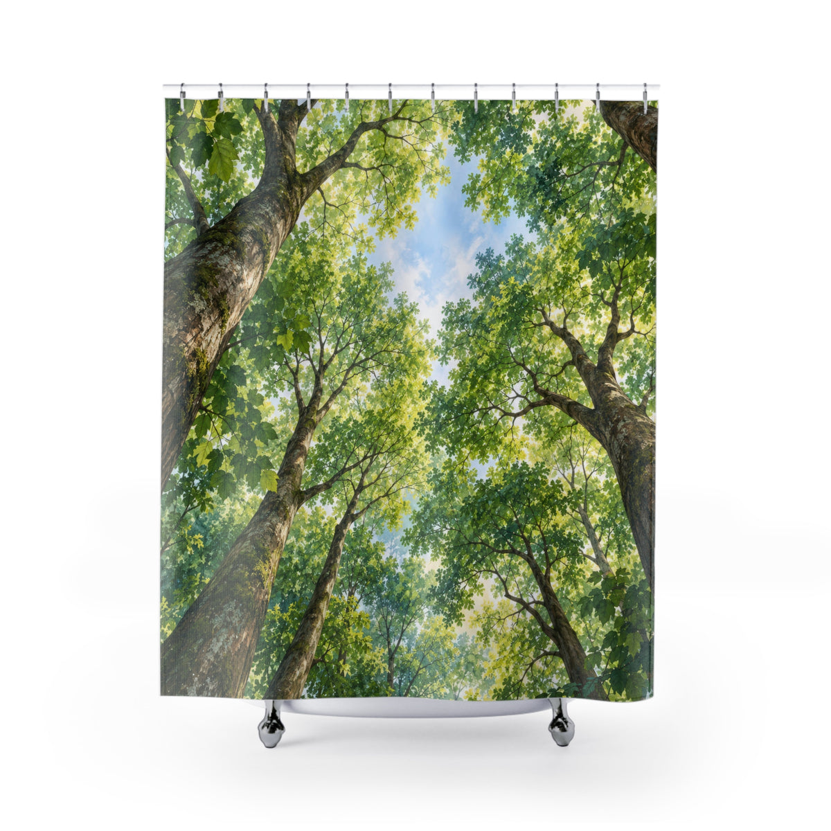 Green tree canopy around pale blue sky shower curtain with full front view