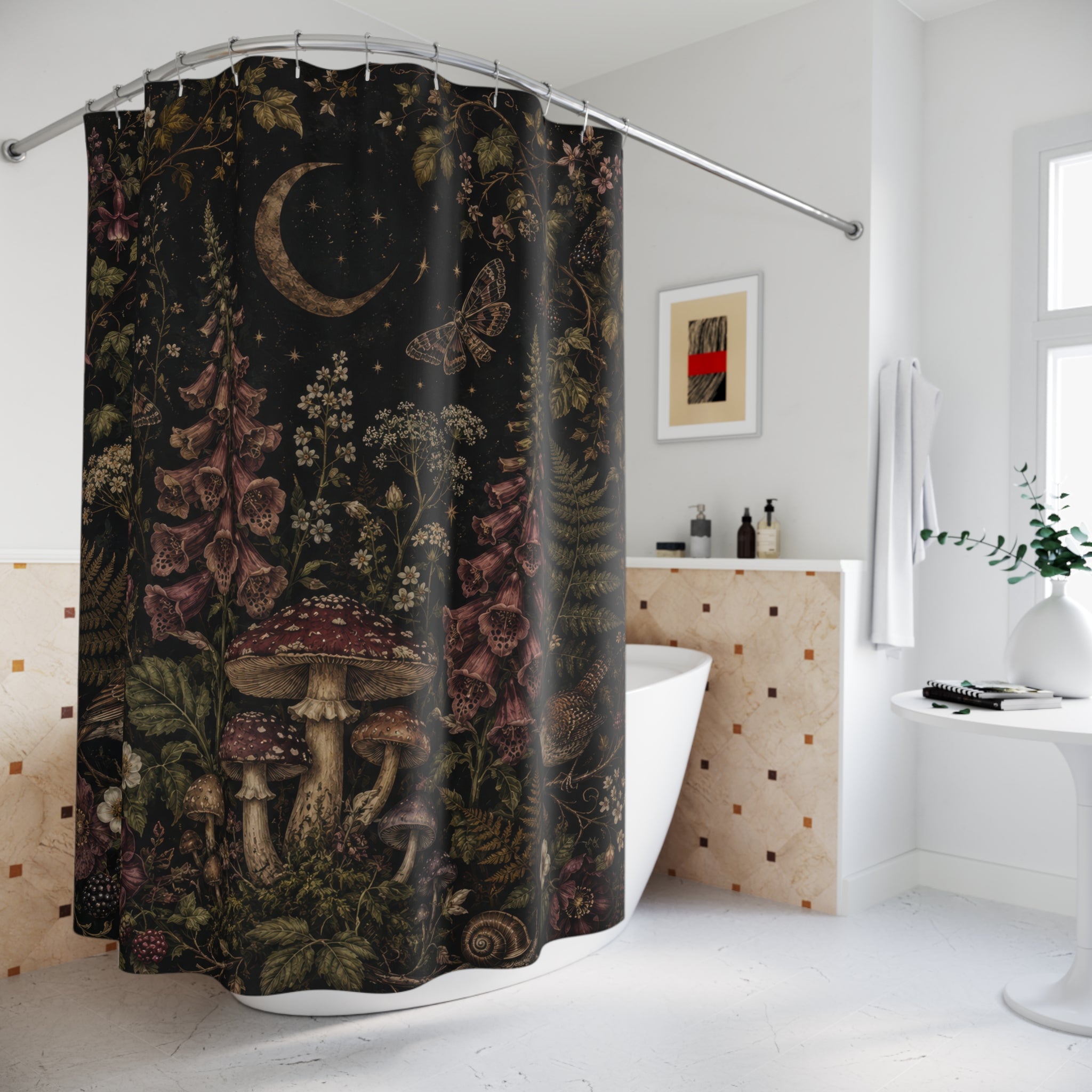 Dark Cottagecore Shower Curtain: Moonlit Mushrooms