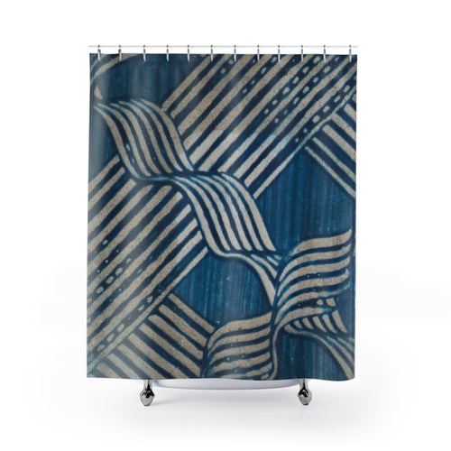 Blue Antique Ribbon Stripe Shower Curtain