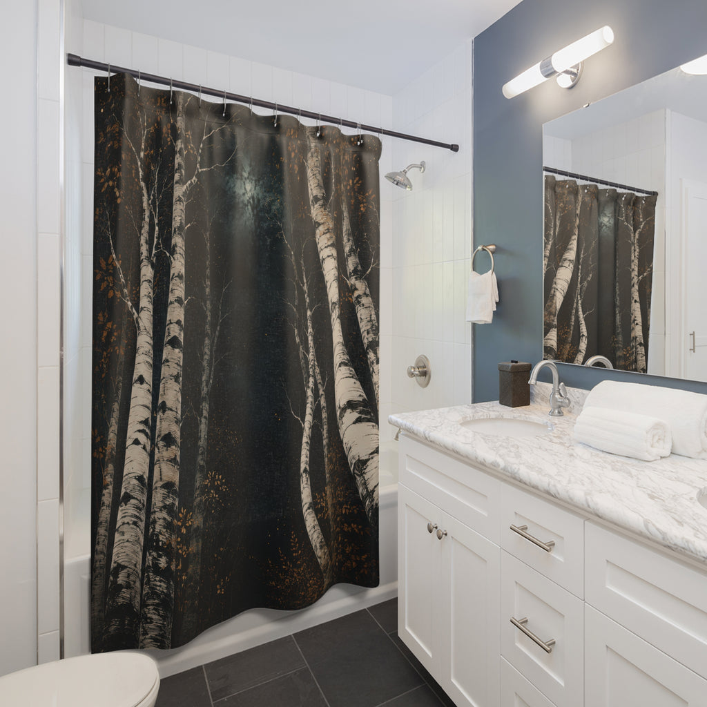 White birch nocturne with dark teal and amber shower curtain beside a white vanity