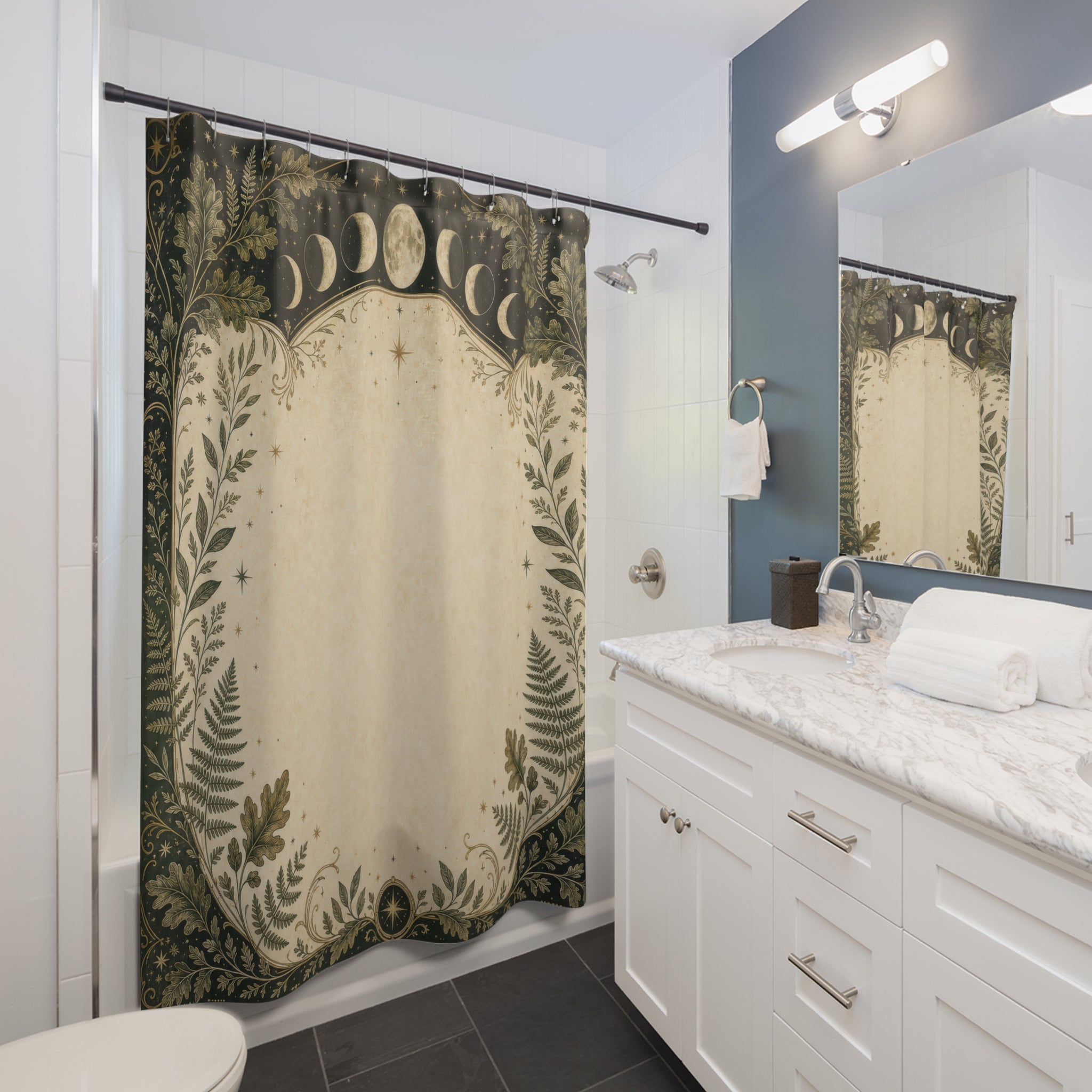 Moon Phase Border Shower Curtain, Forest Green Botanical Bath Decor, Pagan Inspired Oak Fern Frame, Celestial Guest Bathroom Decor