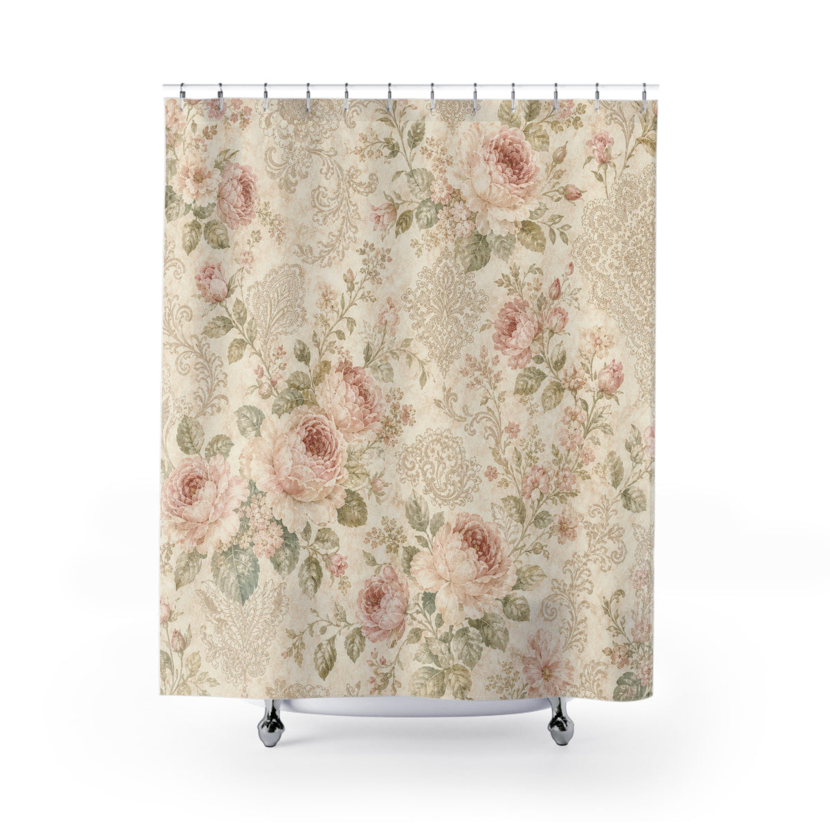 Shabby Chic Rose vintage floral shower curtain with full front view