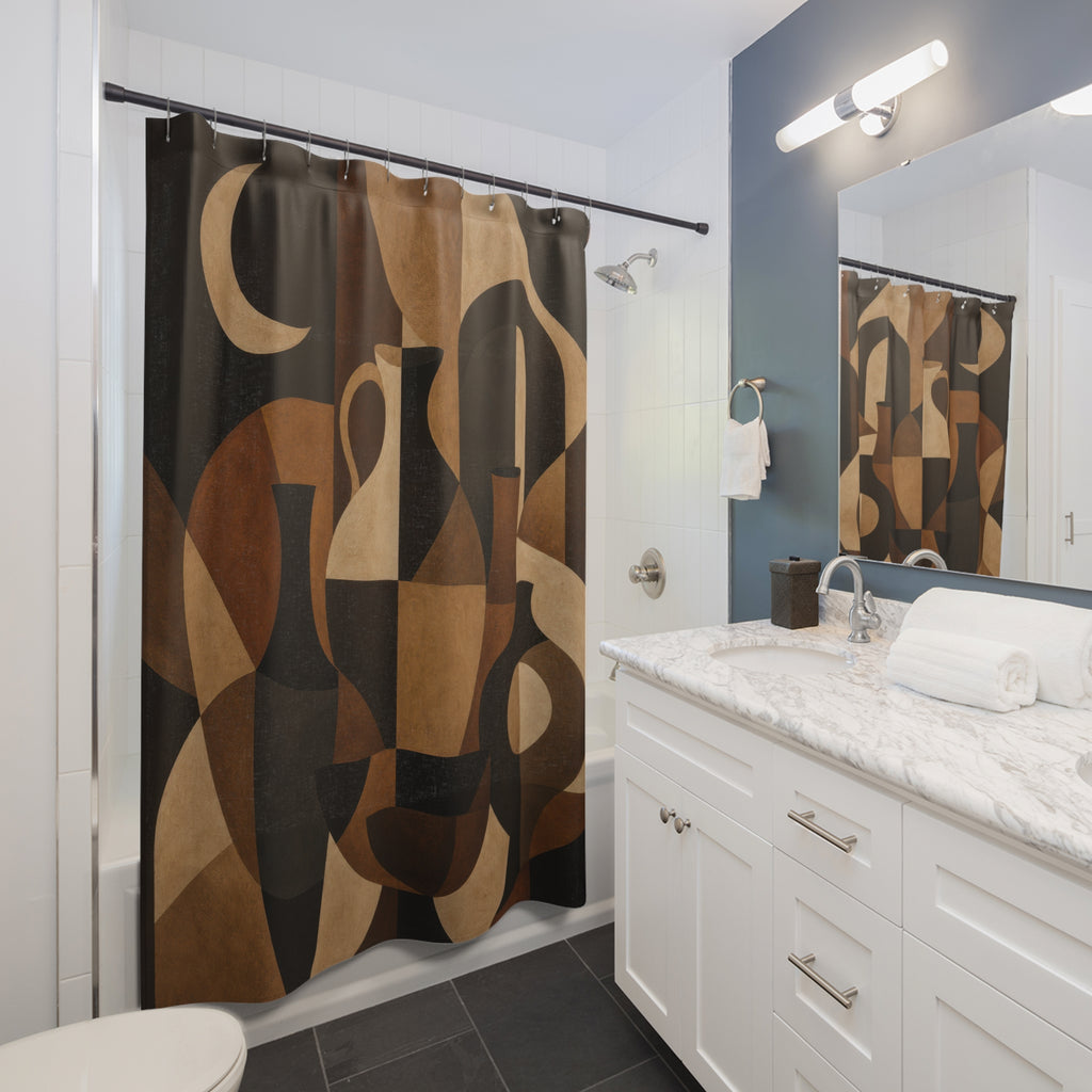 Bauhaus Shower Curtain, Black Brown Geometric Bath Decor, Mid Century Shape Collage, Retro Warm Neutral Guest Bathroom Decor Style