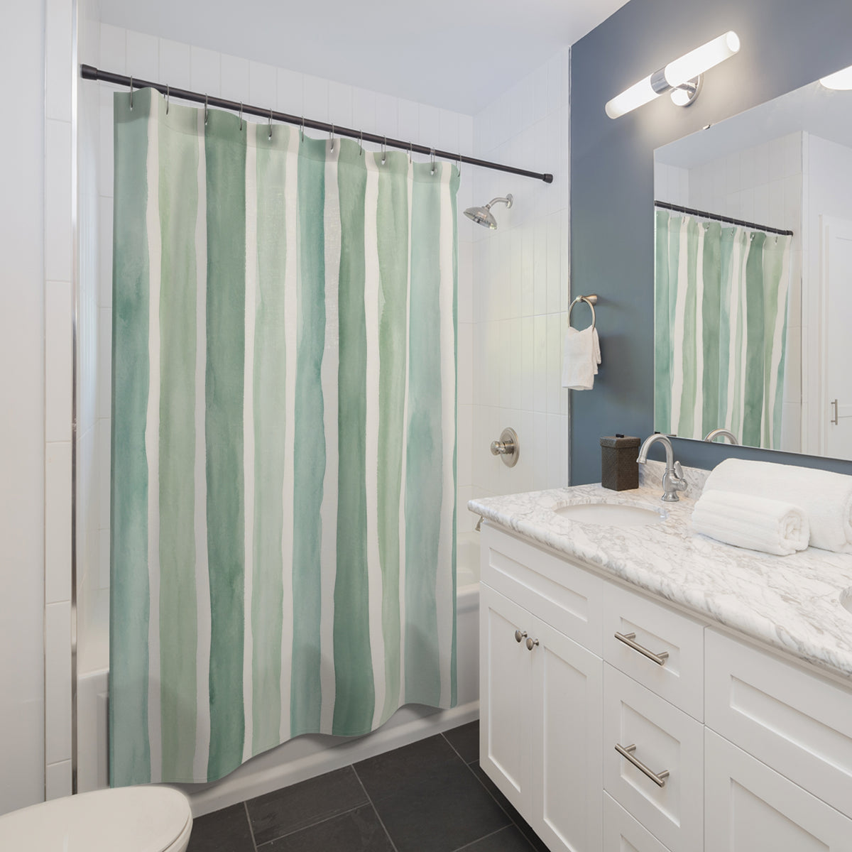 Aqua Mint Green Brush Stripe Shower Curtain
