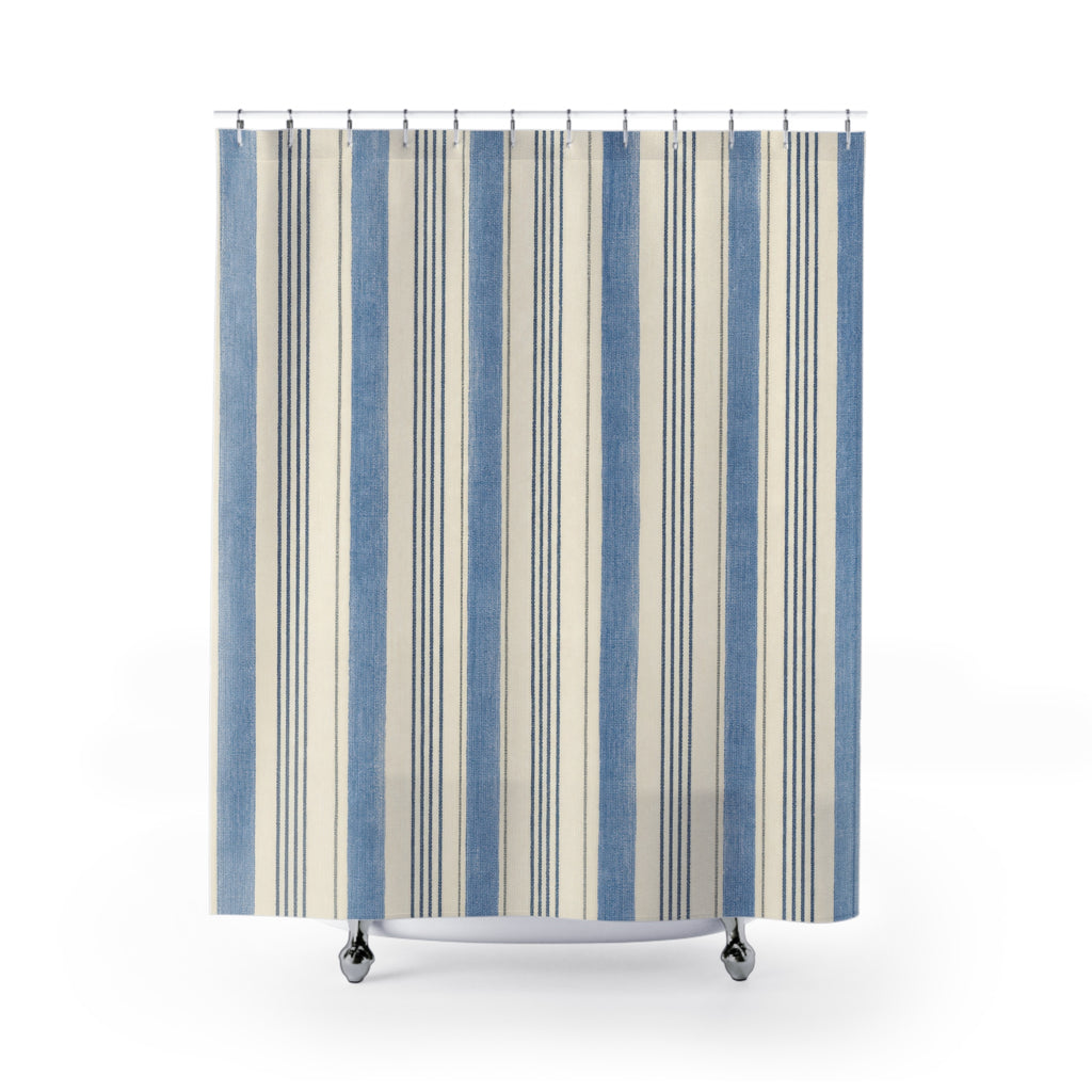 Faded Blue Ivory Ticking Stripe Shower Curtain