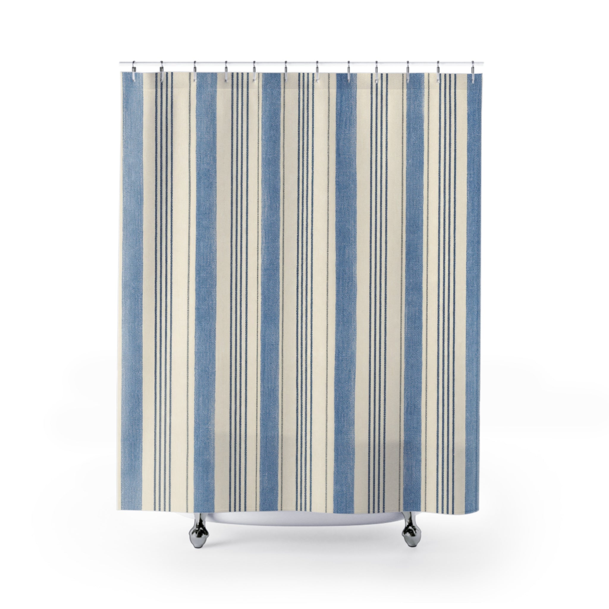 Faded Blue Ivory Ticking Stripe Shower Curtain