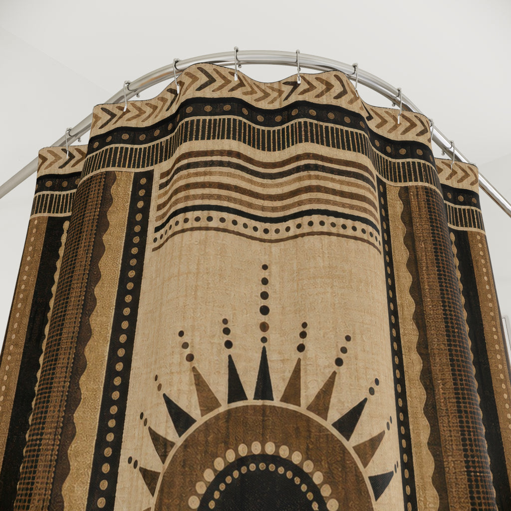 Southwestern Shower Curtain, Black Brown Boho Bath Decor, Cream Sun Medallion Stripe Pattern, Western Neutral Guest Bathroom Decor Style