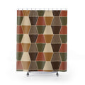 Terracotta and olive trapezoids with cream lines shower curtain with full front view