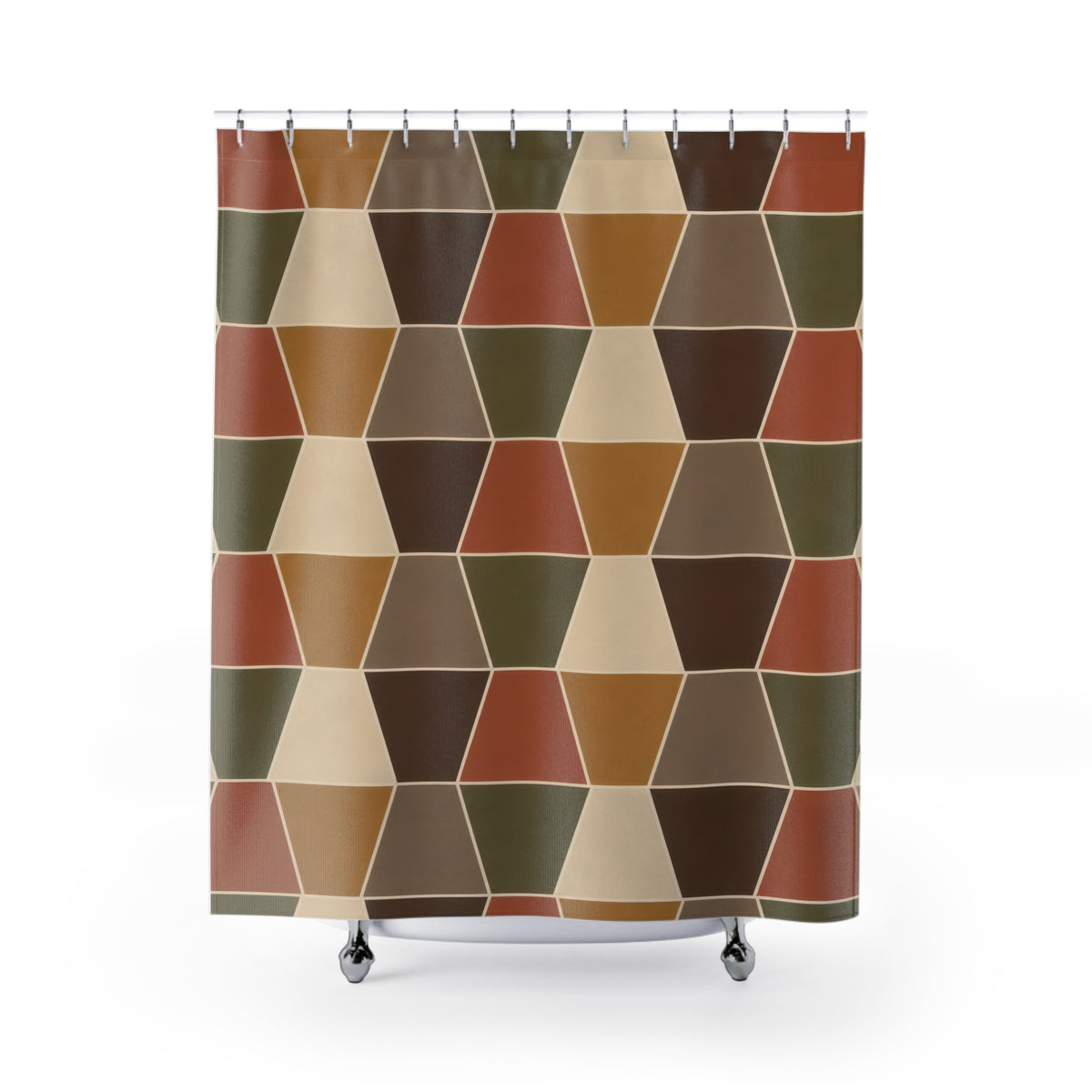 Terracotta and olive trapezoids with cream lines shower curtain with full front view