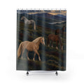 Four horses on green moorland above a distant lake shower curtain with full front view
