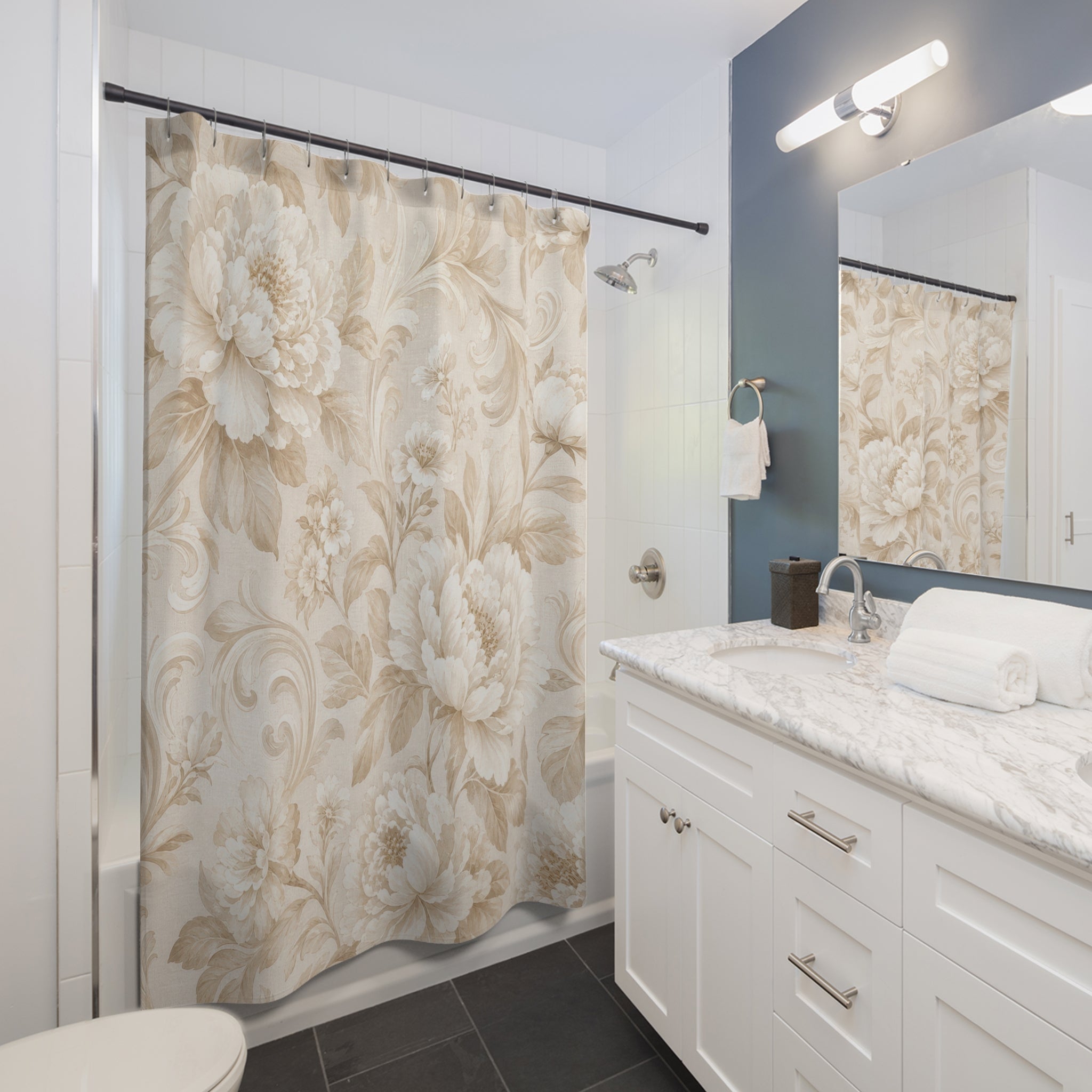 Beige and White Shower Curtain: Cream Floral Botanical Pattern