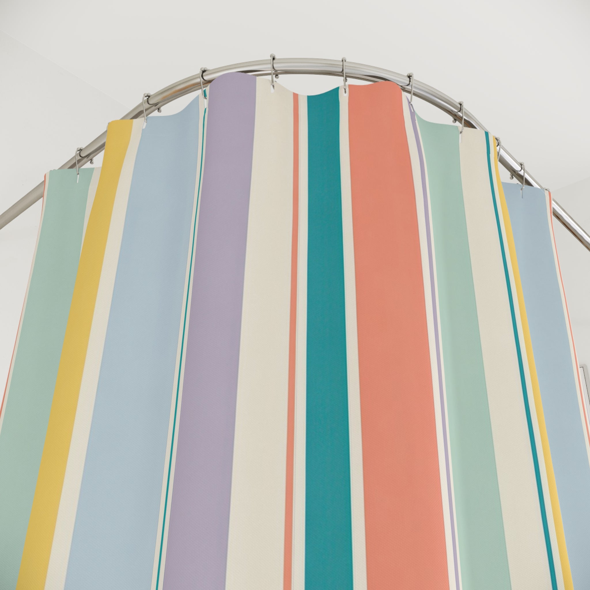 Aqua Coral Yellow Cabana Stripe Shower Curtain