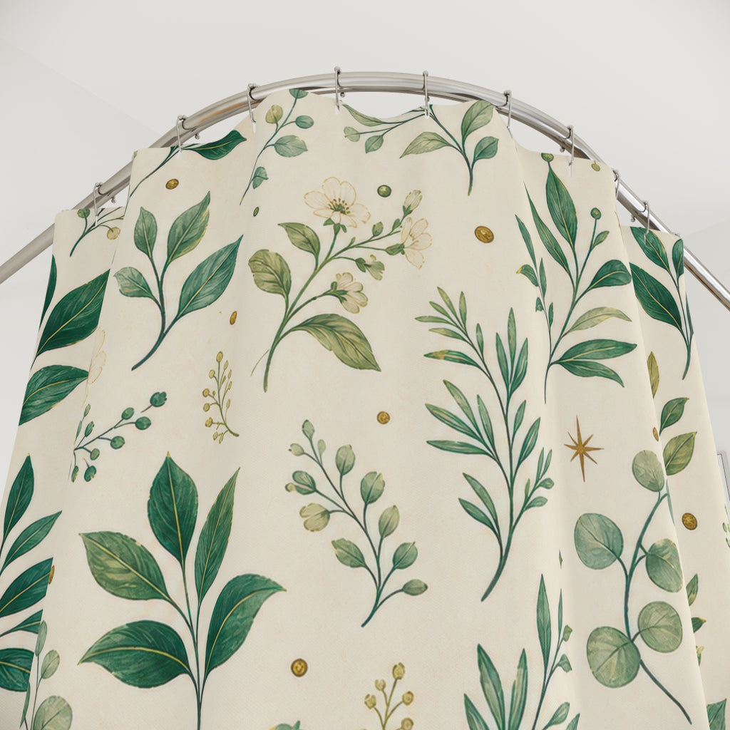 White Floral Botanical Emerald Green Shower Curtain
