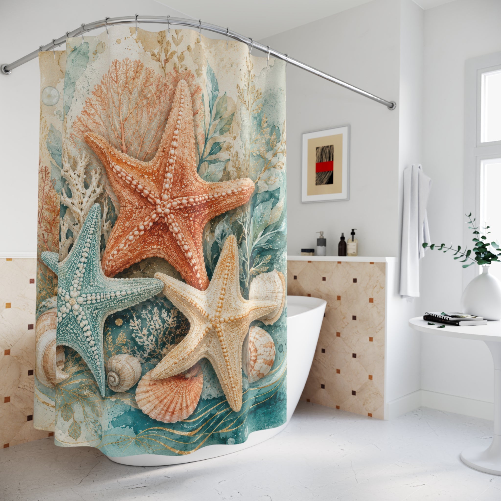Starfish Shower Curtain: Aqua Coral Seashell Coastal