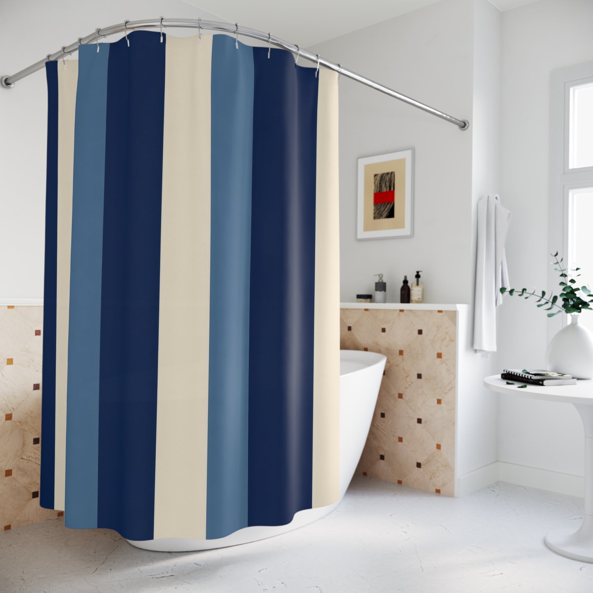Navy Denim Blue Color Block Shower Curtain