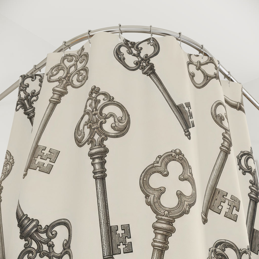 Taupe and charcoal skeleton keys on ivory shower curtain with close-up print, hooks, and folds